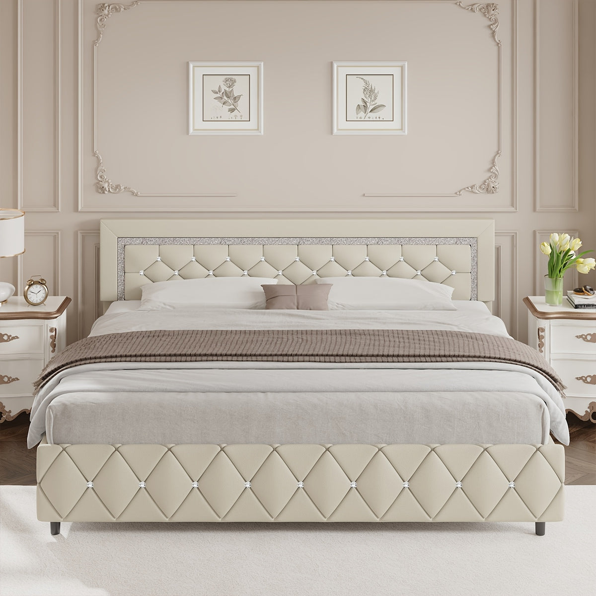 4ever2buy Twin Full Queen King Platform Bed Frame with Upholstered Diamond Headboard, Mattress Foundation with Strong Wooden Slats Support, No Box Spring Needed, Easy Assembly, Valentine's Day Gifts, Pearlized White, Black, Pink, Green, Grey, Beige