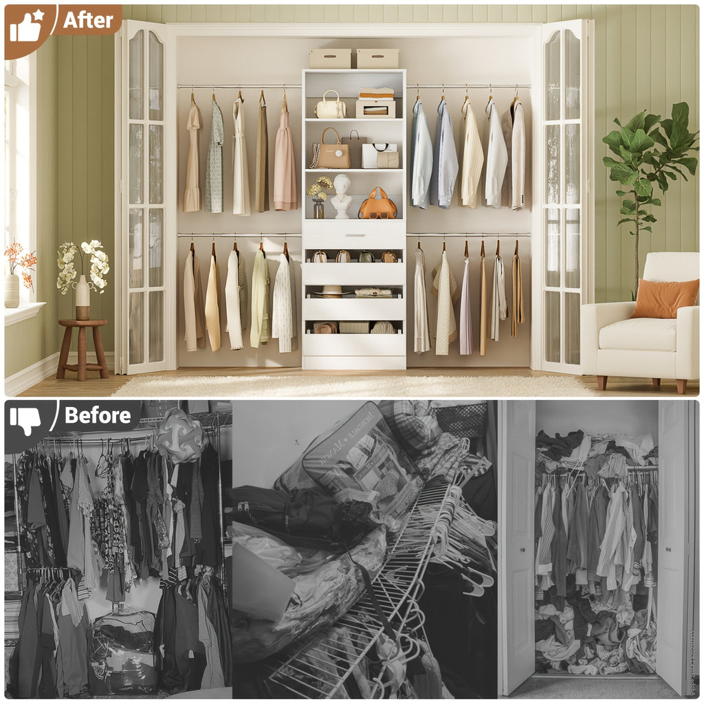 Closet System, Closet Organizer System with 4 Wooden Drawers, Walk-in Closet Wardrobe Clothes Rack with 4 Hanging Rods, Fit for 4-9ft Space, Garment Rack, White, Mounted Closet Systems