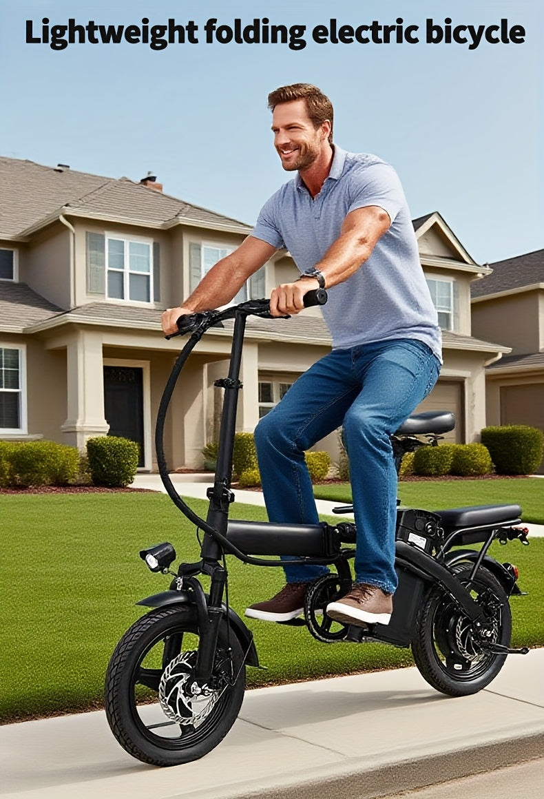 14-inch Lightweight Folding Electric Bicycle, 330 Lbs Load Capacity, 19 Mph Top Speed, Long-Lasting Battery, 48V Removable Lithium Battery with 18-28 Miles of Range, Front Headlight & Disc Brakes, Alloy Steel Frame, Black, for Urban Commuting