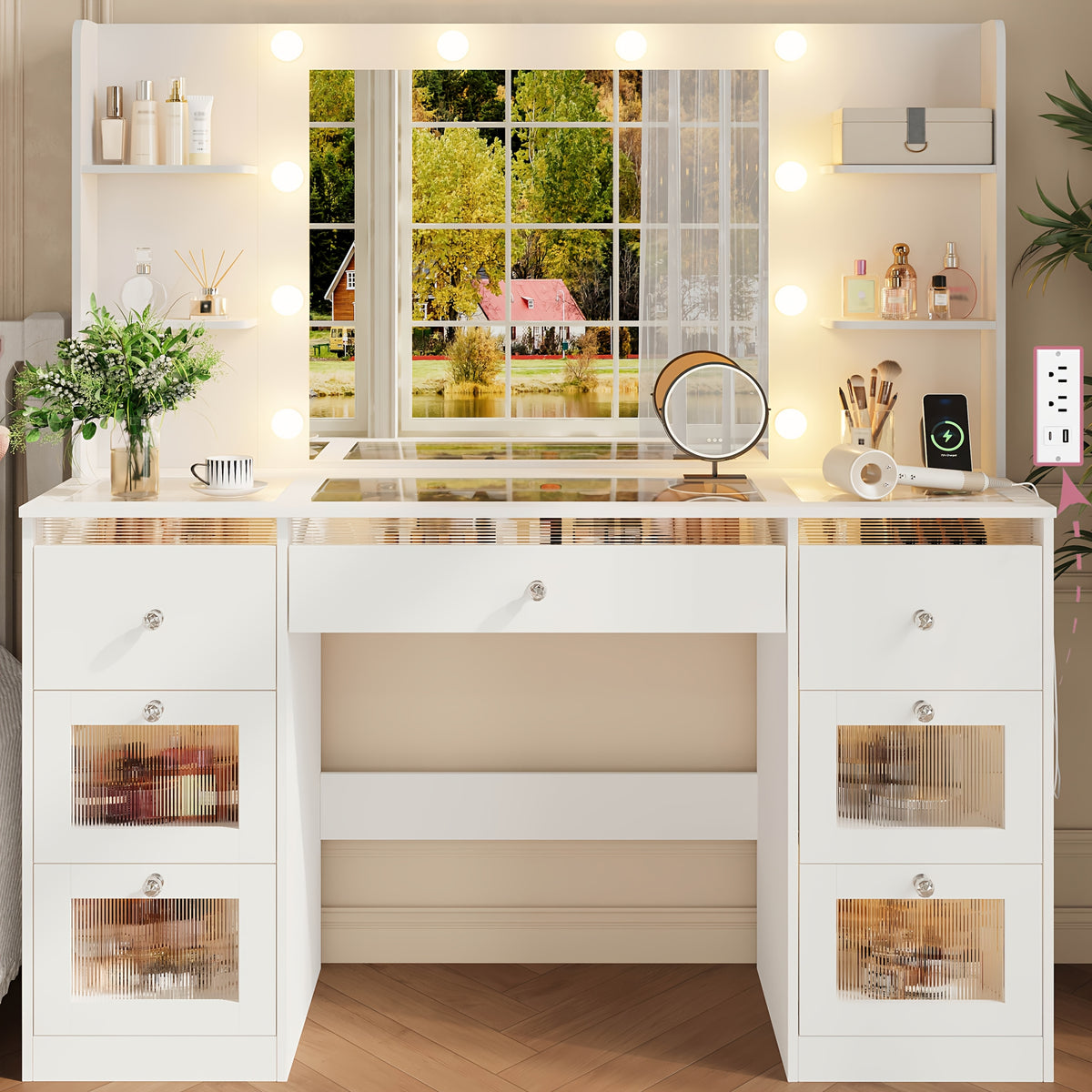 Makeup Vanity with 7 Lighted Drawers & 3-Color LED Mirror, Dressing Table with Glass Top, 4 Shelves for Huge Storage, Light White for Bedroom