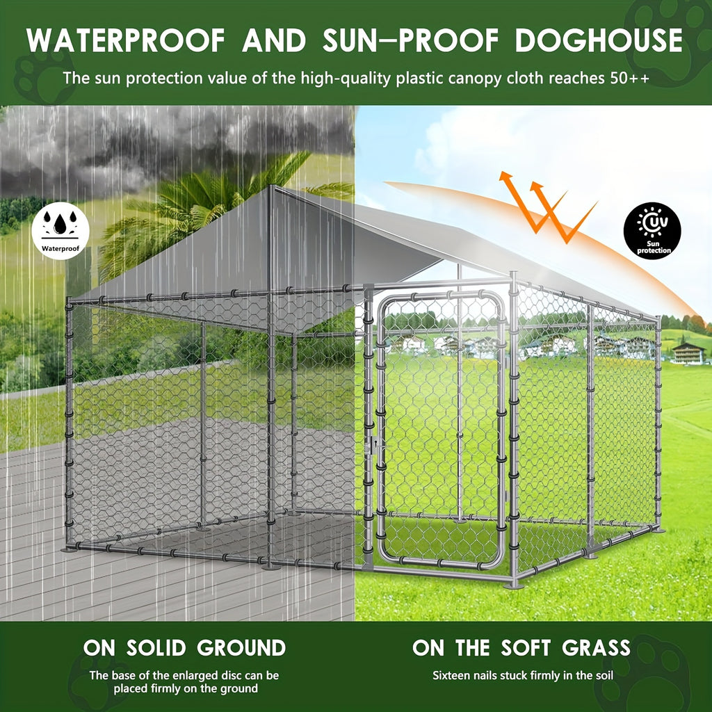 TITIMO Heavy Duty Outdoor Dog Kennel Large Dog Cage Galvanized Steel Pet Playpen House With Waterproof UV-Resistant Cover, Metal Mesh, Secure Lock (90 X 90 X 63 Inches)