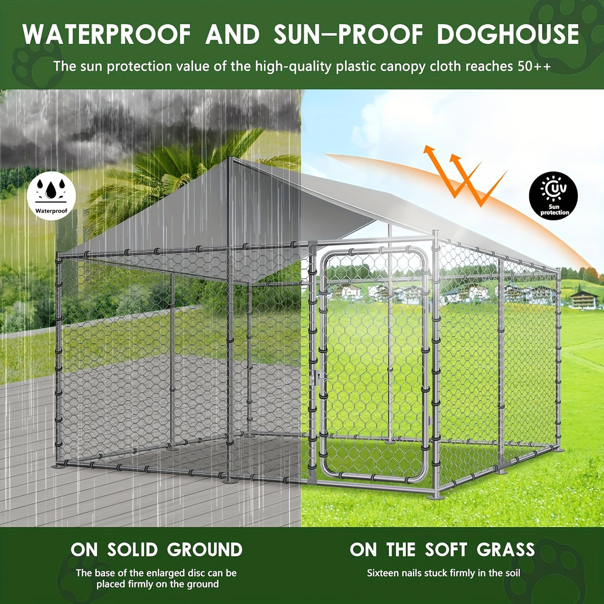 TITIMO Heavy Duty Outdoor Dog Kennel Large Dog Cage Galvanized Steel Pet Playpen House With Waterproof UV-Resistant Cover, Metal Mesh, Secure Lock (90 X 90 X 63 Inches)