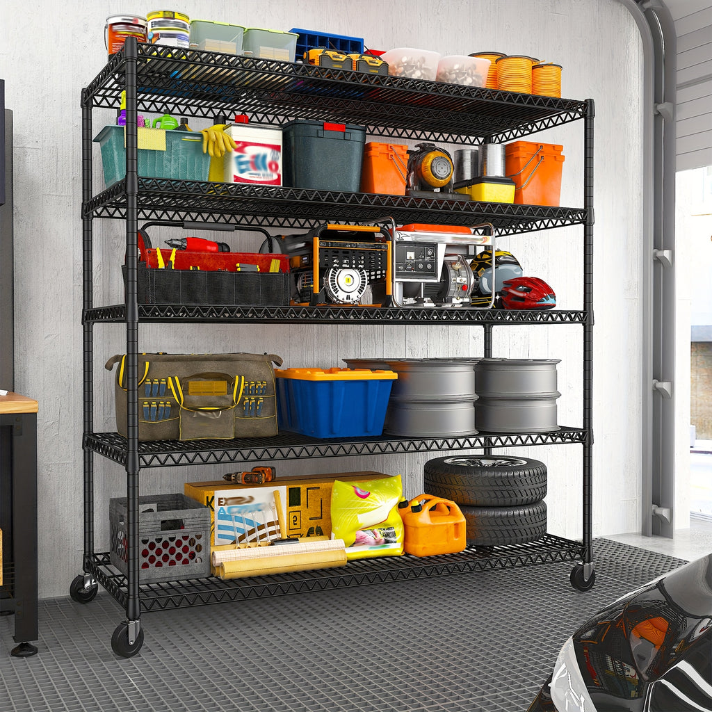 REIBII Storage Shelves 3200 LBS Capacity Wire Shelving with Wheels Heavy Duty Metal Shelf for Warehouses, Garage, Kitchens, School, Commercial Shelf, 73" H X 60" W X 18" D, Standing Shelf