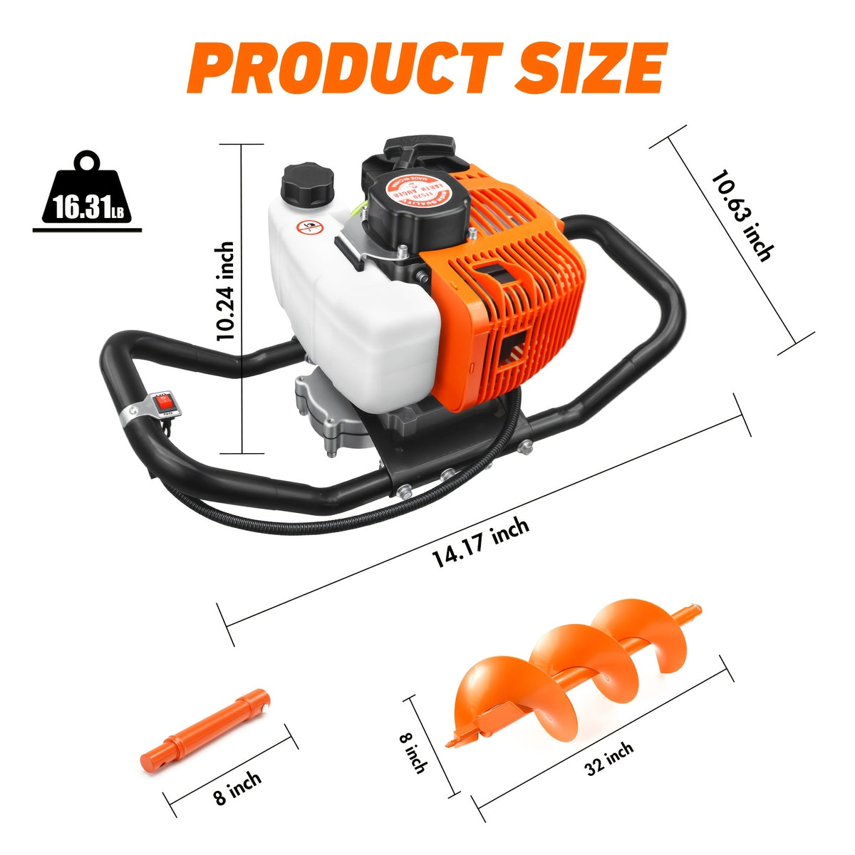 63CC Chisel Hole Excavator, Equipped with 2 Chisel Drill Bits (6 Inches And 10 Inches) And 3 Extension Rods, 2-Stroke Gasoline-Powered Earth Hole Excavator, for Farm Garden Plants
