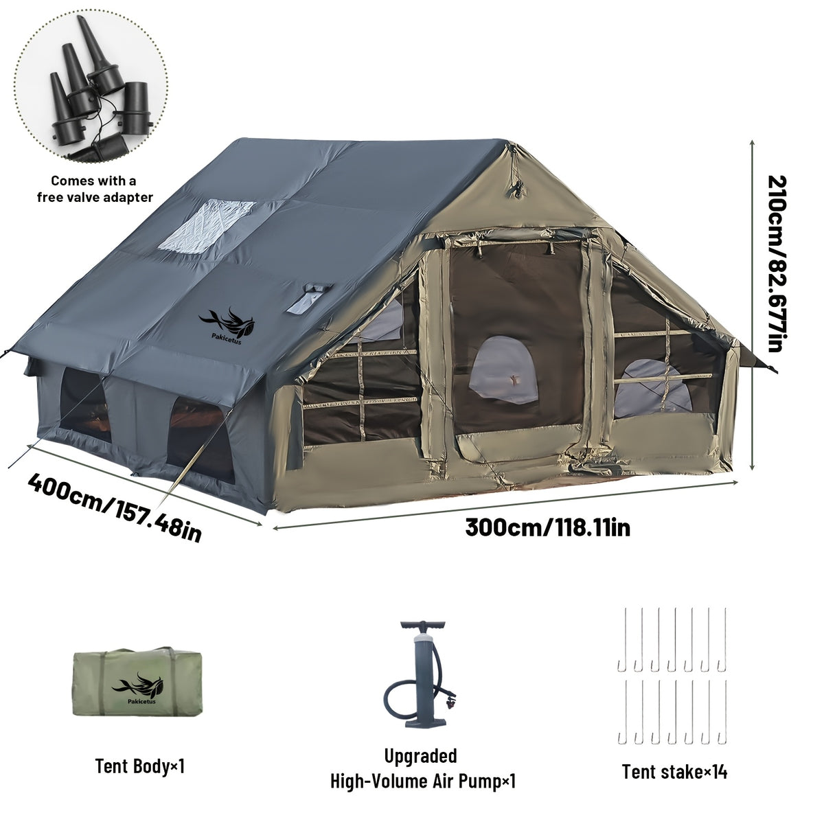 PAKICETUS Large Inflatable Camping Tent (Optional: Skylight, Stove Jack, and Door), Quick Air-Flow & Breathable Mesh Design, Summer Glamping Hot Tents for Camping with Stove, Quick Setup Inflatable Camping Tent for 4-6 Person Families, All-season