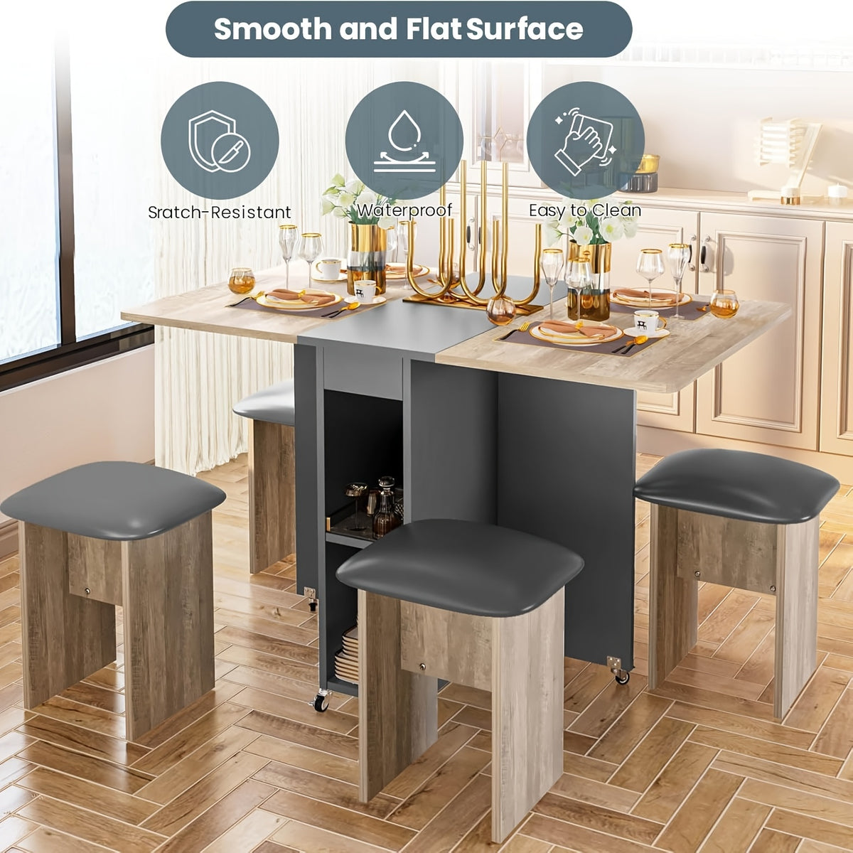 Folding Dining Table Set for 4, Kitchen Table with 4 Faux Leather Chairs And Shelves, Space Saving Wood Rectangle Foldable Kitchen & Dining Room Tables for Small Space with 6 Wheels