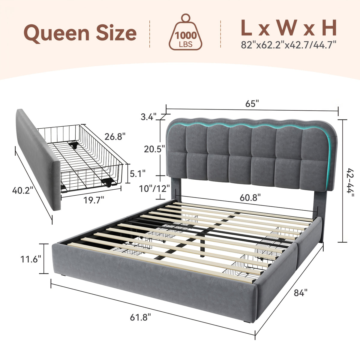 MRAEER Twin/Full/Queen Bed Frame | LED Lighting, 2/4 Storage Drawers, Cloud-Style Soft Headboard, Velvet Modern Platform Bed, Mattress Not Required, Halloween/Christmas Gift, White/Pink/Grey, Hardwood and Metal Construction