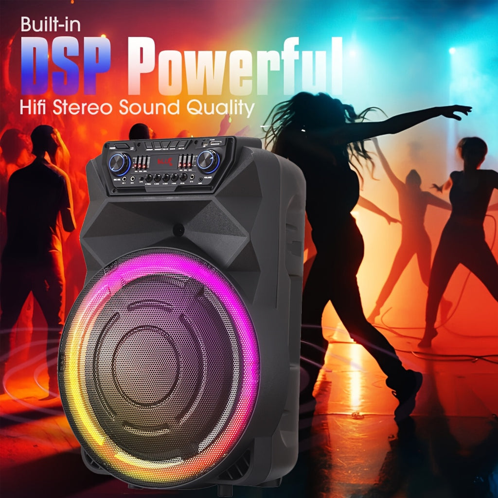 18 Inch Party Rechargeable Wireless Speaker With Deep Bass, 4500W Peak Power DJ Sound System With Wireless Microphones, USB/SD, AUX & Guitar Inputs