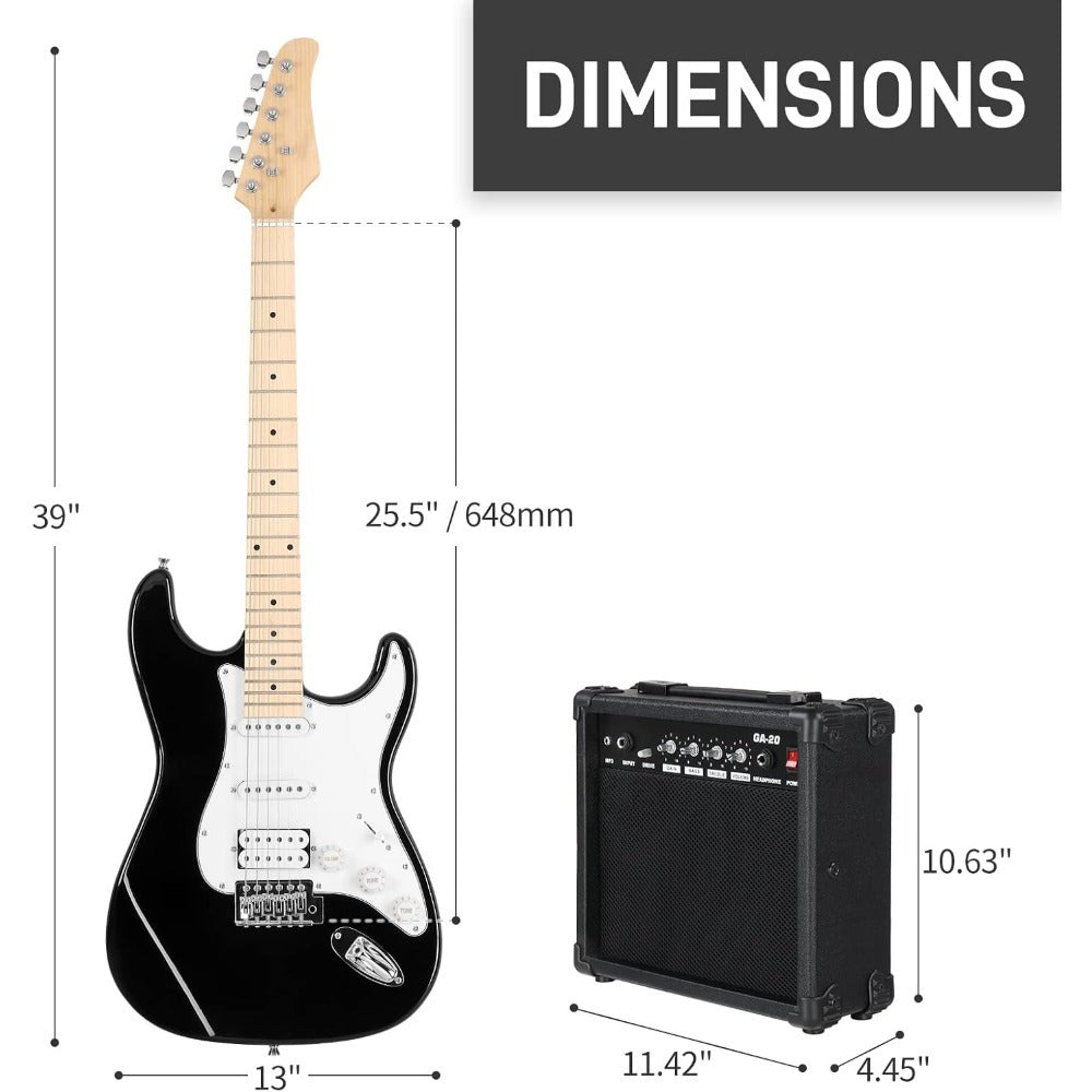 Electric Guitar Amp Set S-S-H Pickup Configuration, Maple Fretboard, White Finish with White Pickguard Christmas Gift/ Holiday Essential
