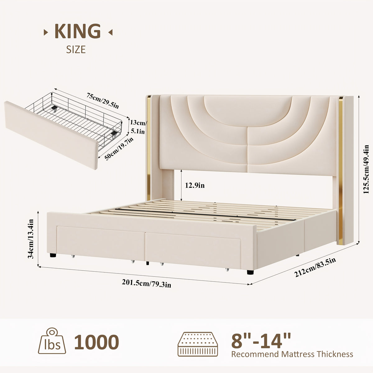 FULTRU Full/Queen/King Upholstered LED Bed Frame with 2 Storage Drawers, Velvet Platform Bed with Wingback Headboard, Solid Wooden Slats Support, No Box Spring Needed, Headboard Splicing Design, Halloween Home Decoration, Christmas Gifts