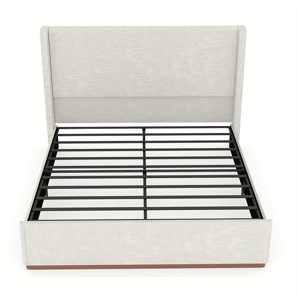 Queen/King Size Upholstered Platform Bed Frame with Vertical Channel Tufted Wingback Headboard, Soft Corduroy Bed with Solid Steel Slats, No Box Spring Needed, Noise Free, Easy Assembly, Modern White