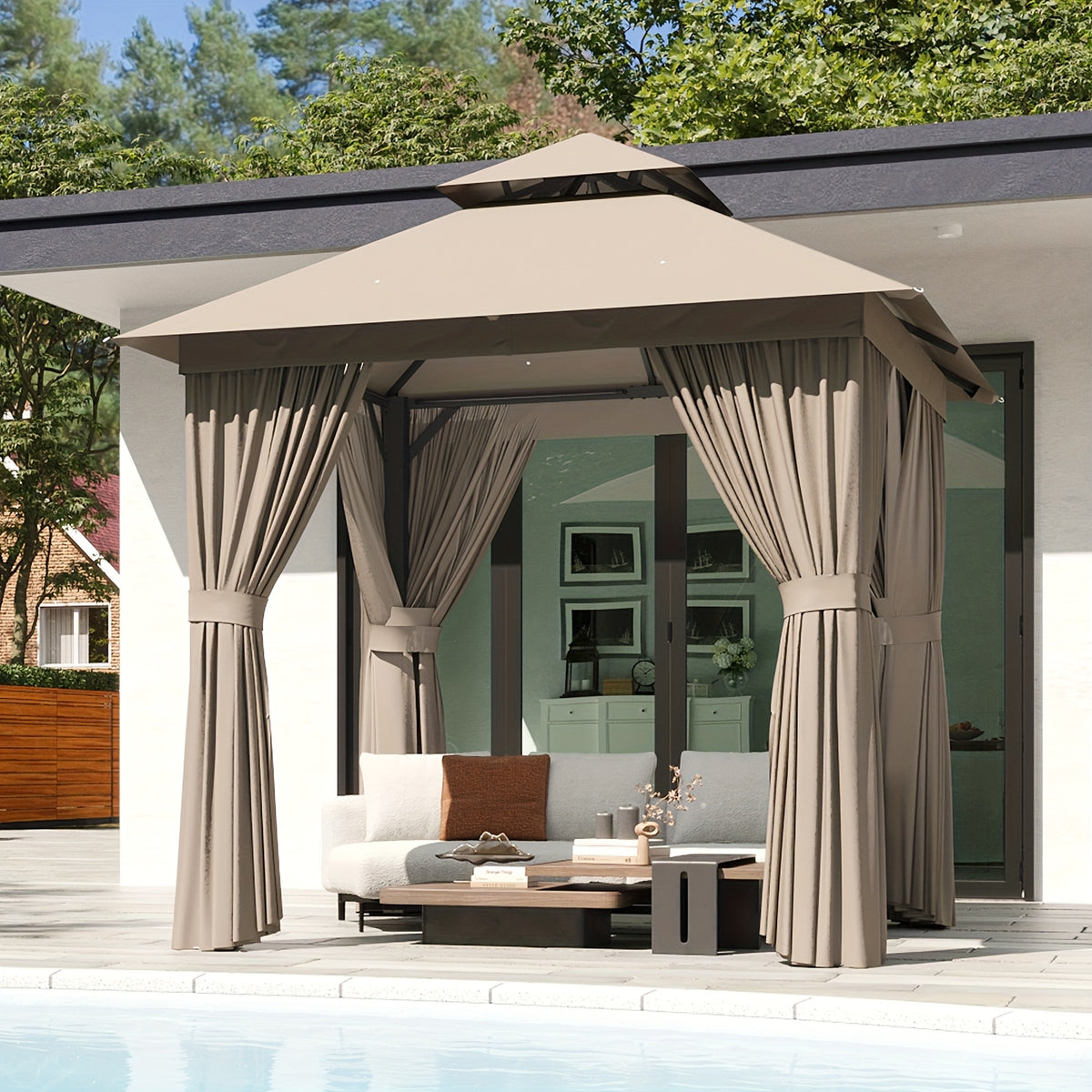 10'x12'/10'x10'/8'x8' Outdoor Gazebo & Pergola for Patio - Double Roof Steel Canopy with Mosquito Net And Privacy Screen, Heavy Duty Party Tent Shelter for Backyard, Lawn, Garden, All-Weather Gazebos with Patio Cover (Grey/Beige/Blue)