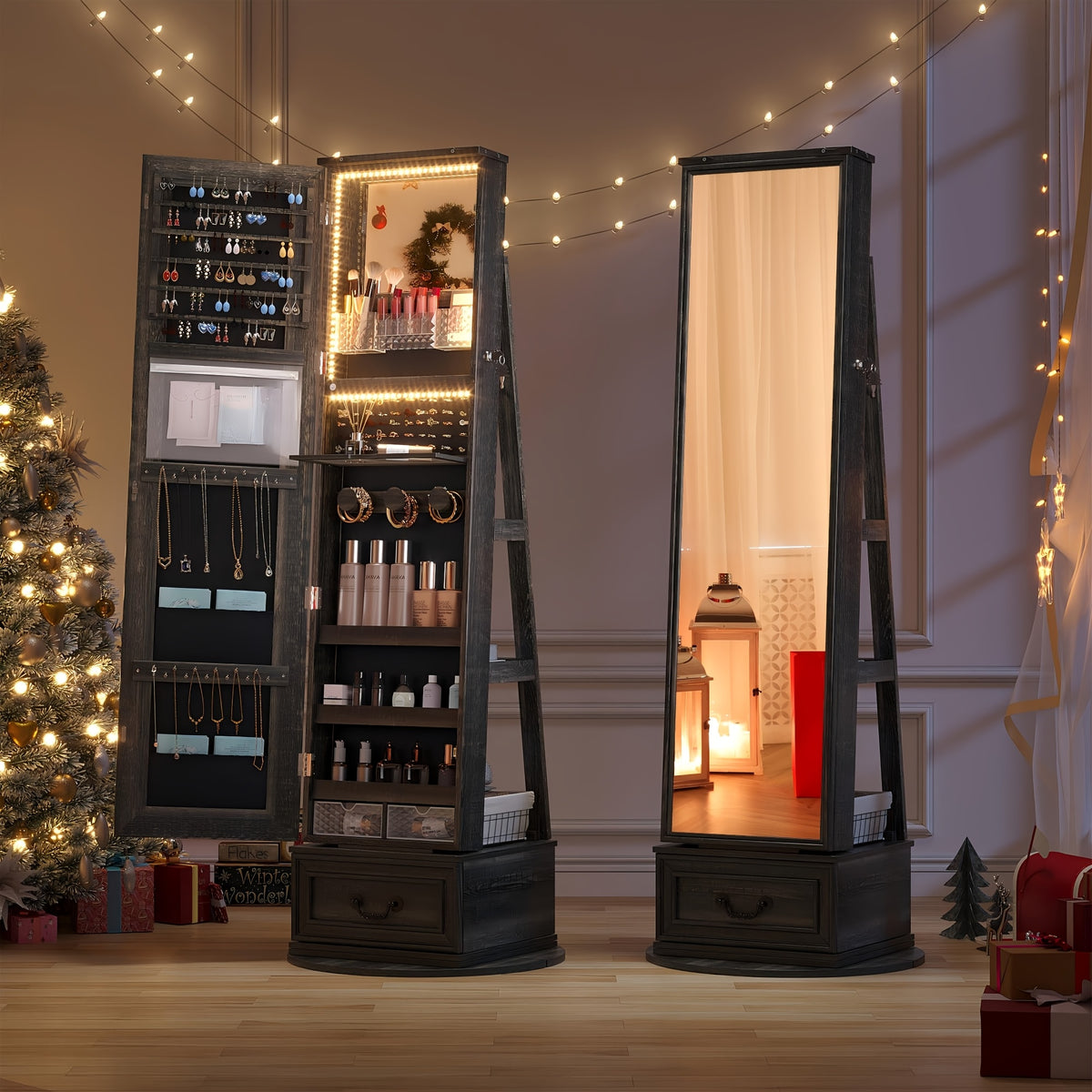 Vintage-Inspired 360° Swivel Jewelry Mirror Cabinet with Lights - Lockable, Full Length Organizer with Storage Drawer for Bedroom Decor - For Women - Perfect for Makeup & Jewelry Storage - Ideal Gift for Her