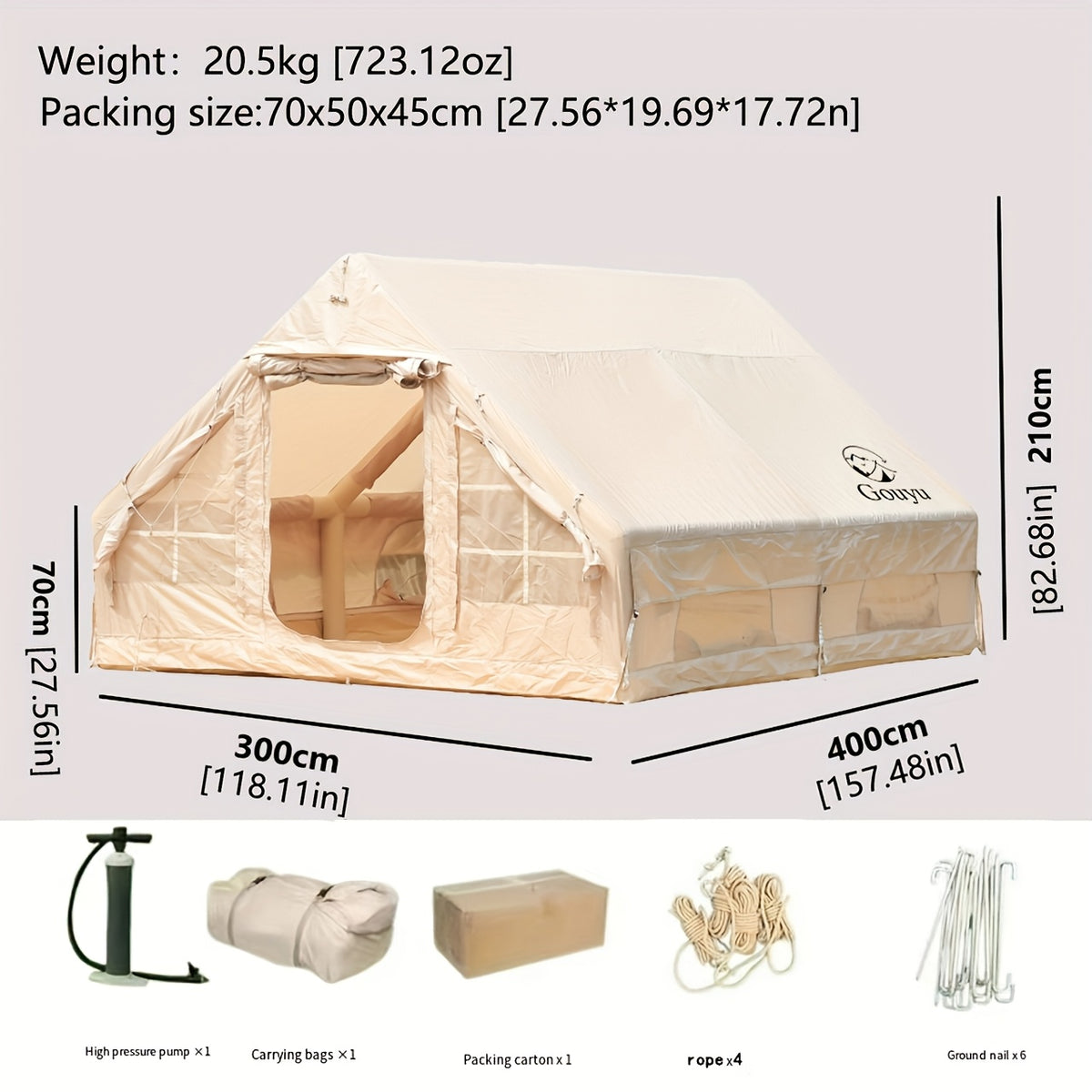 6.3/12 Square Meter Luxury Inflatable Tent, 4-6/8-10 Person All-Season Tent, Easy to Set Up