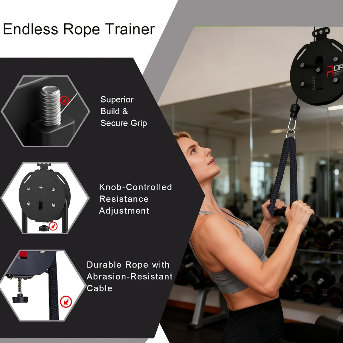 Endless Rope Trainer, Portable Cable Pulley System, Pulley Cable Machine System with Adjustable Resistance, Home Gym Equipment for Grip, Arms, Back, Body Coordination Exercises