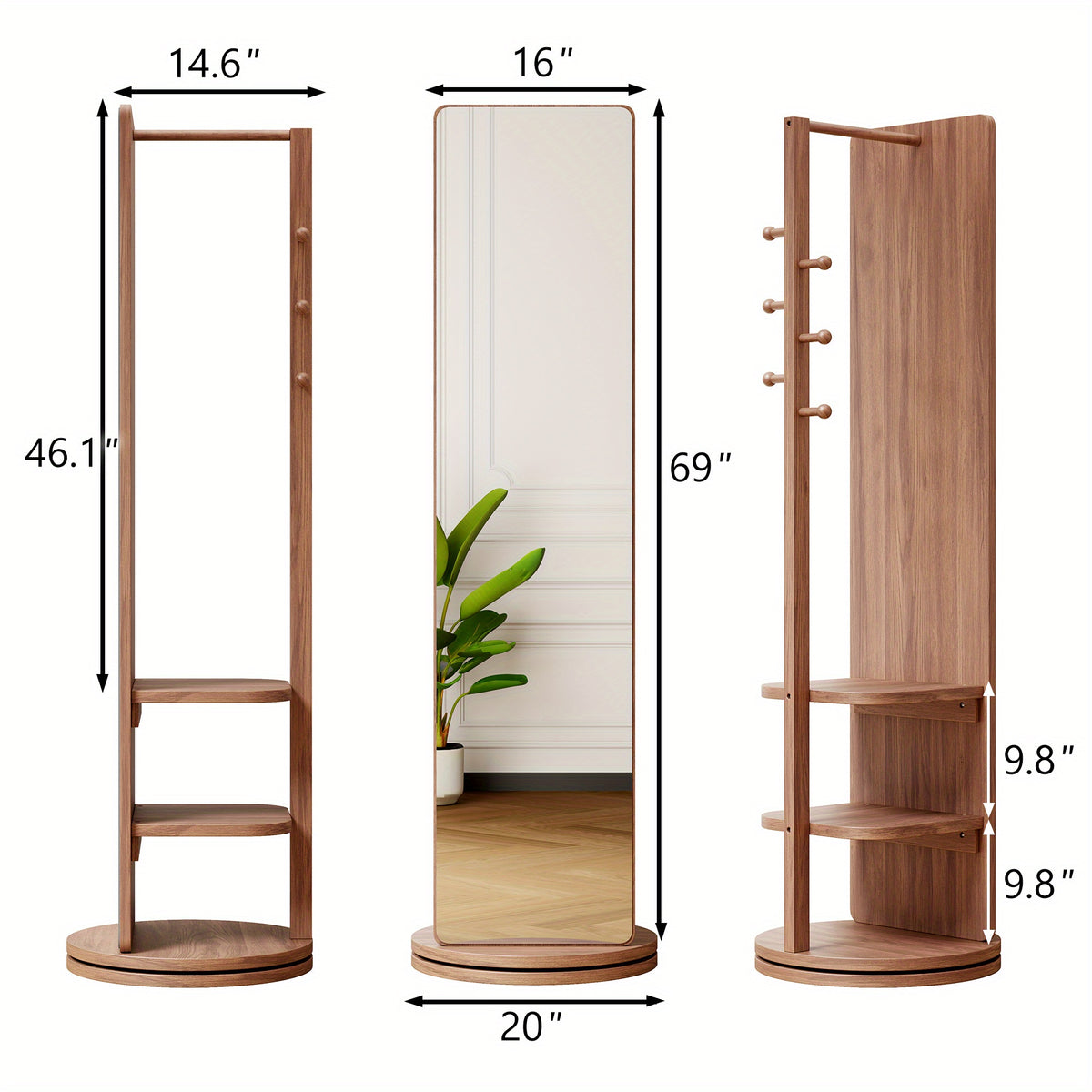 Full Length Floor Mirror with 360° Rotating Coat Rack and Shelves for Bedroom or Entryway Storage