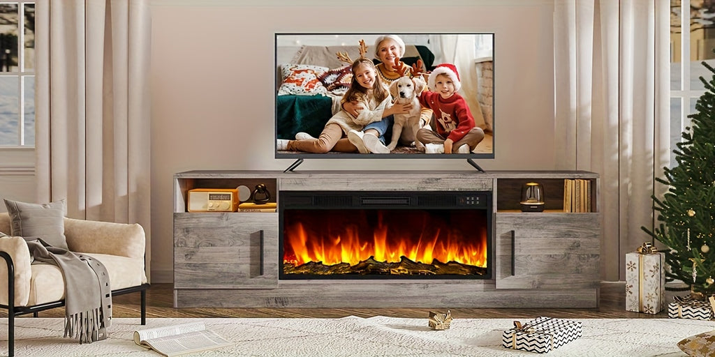 Fireplace TV Stand Entertainment Center with 36" Fireplace, Media TV Console with High Gloss Storage Cabinet And 16 Colors LED Lights, 70" Wooden TV Stand for TVs Up to 80"