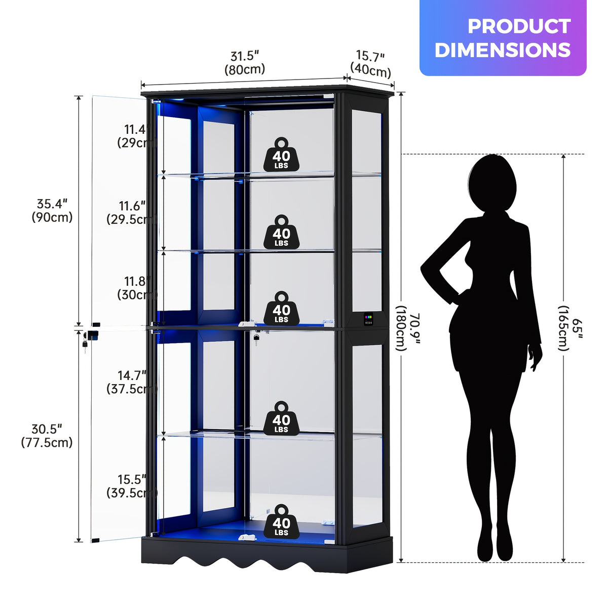 Display Cabinet with Glass Doors, 71'' Tall Curio Cabinet with RGB Lights for Collectibles, LED Display Case with Removable Shelf for Book/Medal/Figure, Black And White
