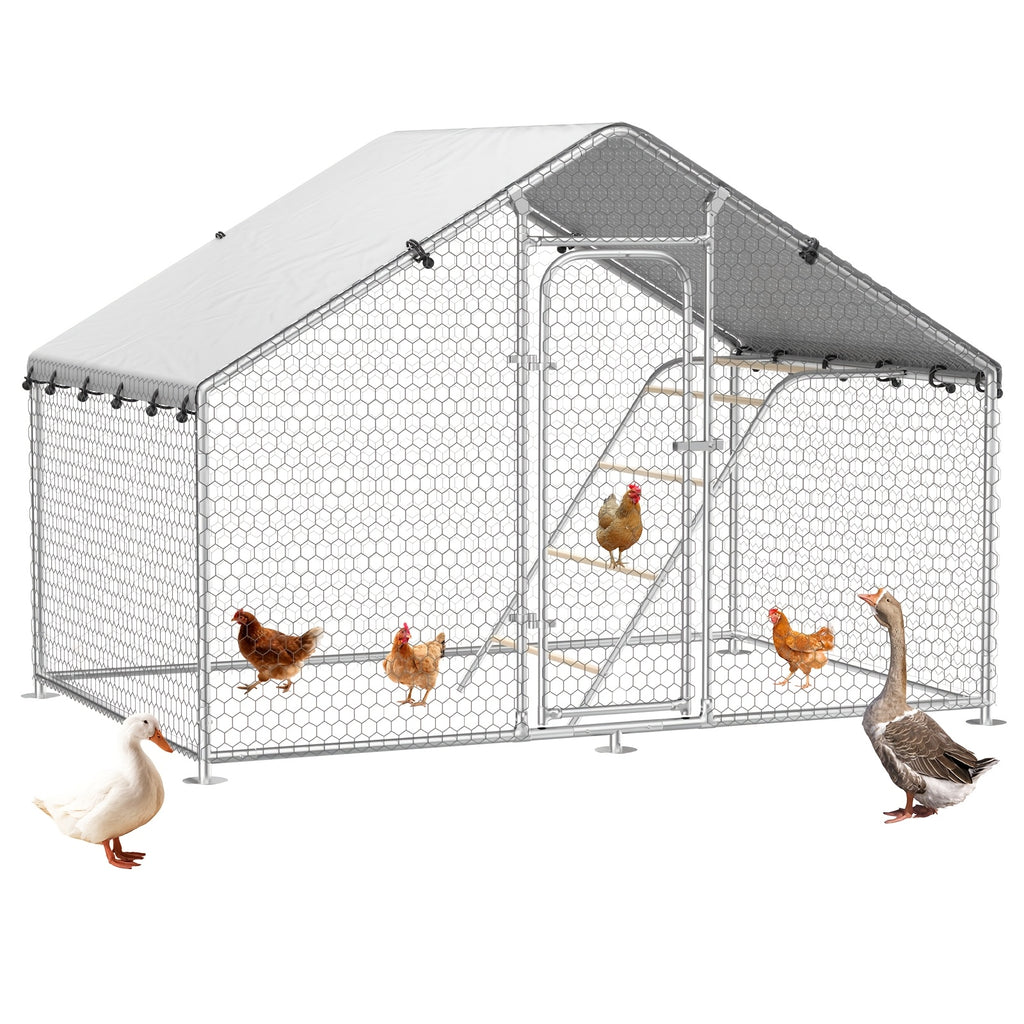 Walk-In Metal Chicken Coop | Outdoor Activity Enclosure With Uv-Resistant Canopy, Predator-Proof Hexagonal Mesh, And 5-Tier Extra-Large Roosting Bars | Ideal For Backyard Housing Of Chickens, Ducks, Geese, And Small Fowl