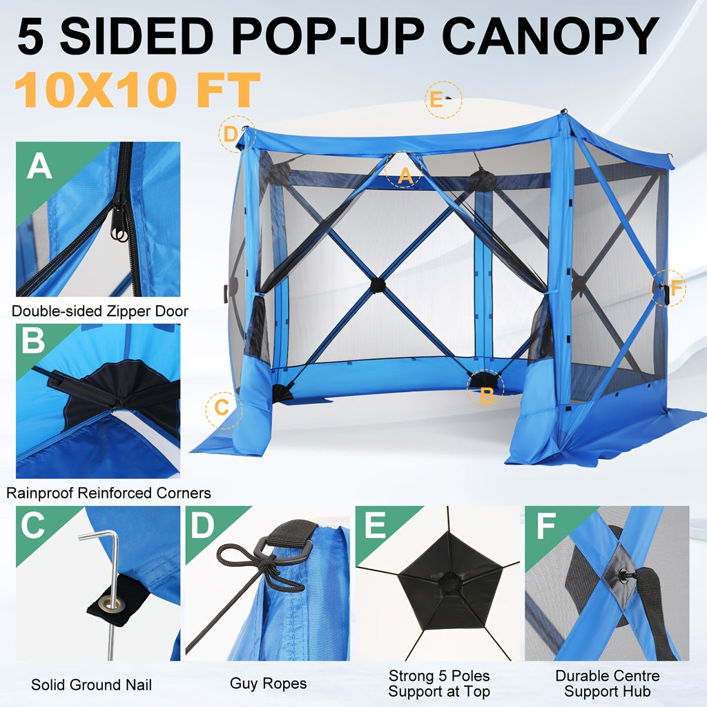 10X10Ft Pop-Up Canopy Tent with Mosquito Net, Garden Gazebo, Privacy Screen/Shade Curtain, Camping Tent, Instant Center Tent Canopy, Comes with Carrying Bag And Ground Stakes, Outdoor Garden Furniture, Suitable for Camping, Gardens, Lawns, And Patios