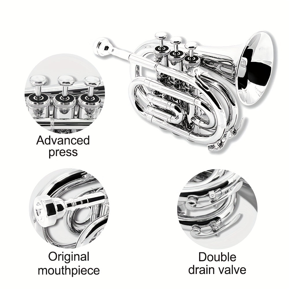 WUQIMUSC Bb Pocket Trumpet Nickel Plated, Brass Beginner Trumpet with 7C Mouthpiece, Case, Cleaning Kit & Gloves Musical Instruments Gift