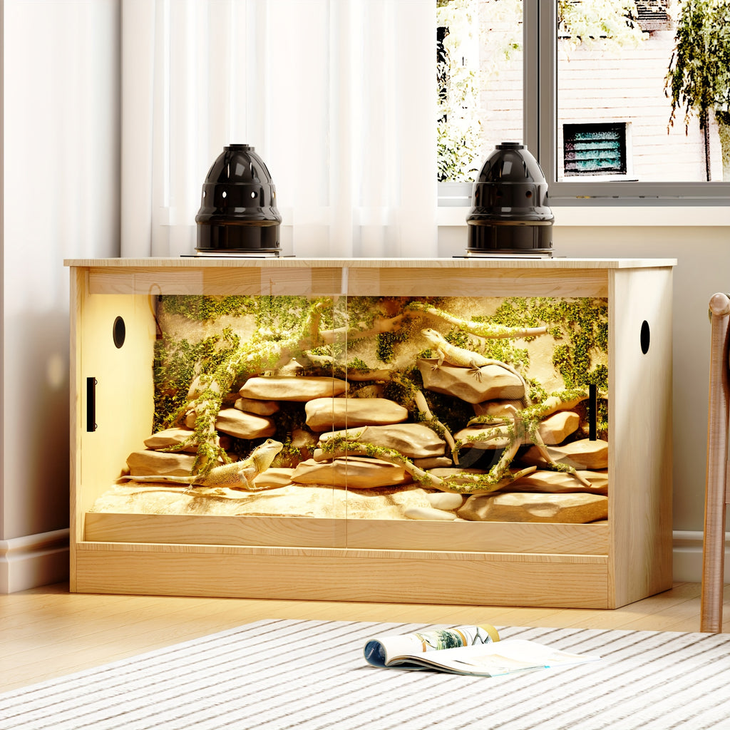 Large Reptile Enclosure with Sliding Glass Doors, Ventilated Terrarium Cabinet with Dual Air Vents, Easy Access Design, for Reptiles And Amphibians, Oak