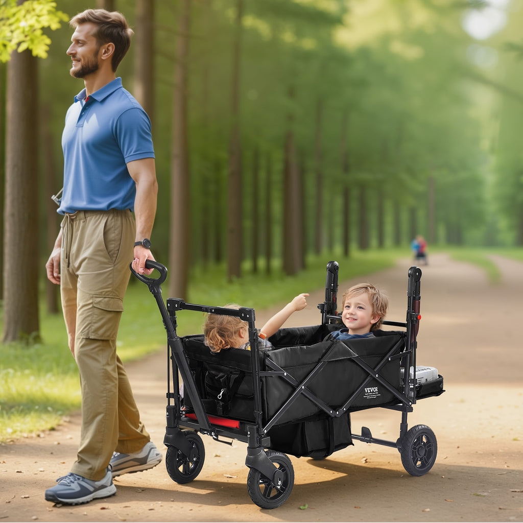 VEVOR Wagon Stroller for 2 Kids, Push Pull Quad Collapsible Stroller with Adjustable Handle, Encircling Harness Removable Canopy, 4 Wheels with Brakes, Mutifunction Tandem Stroller for Camping Black
