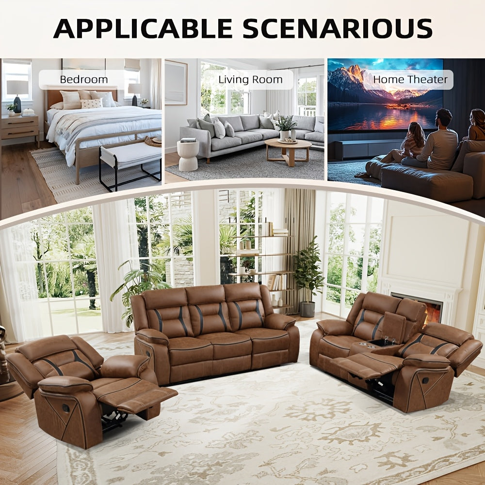 Faux Leather Manual Recliner Set: 3-Seat Sofa, Loveseat, Recliner Chair for Living Room And Meeting Room