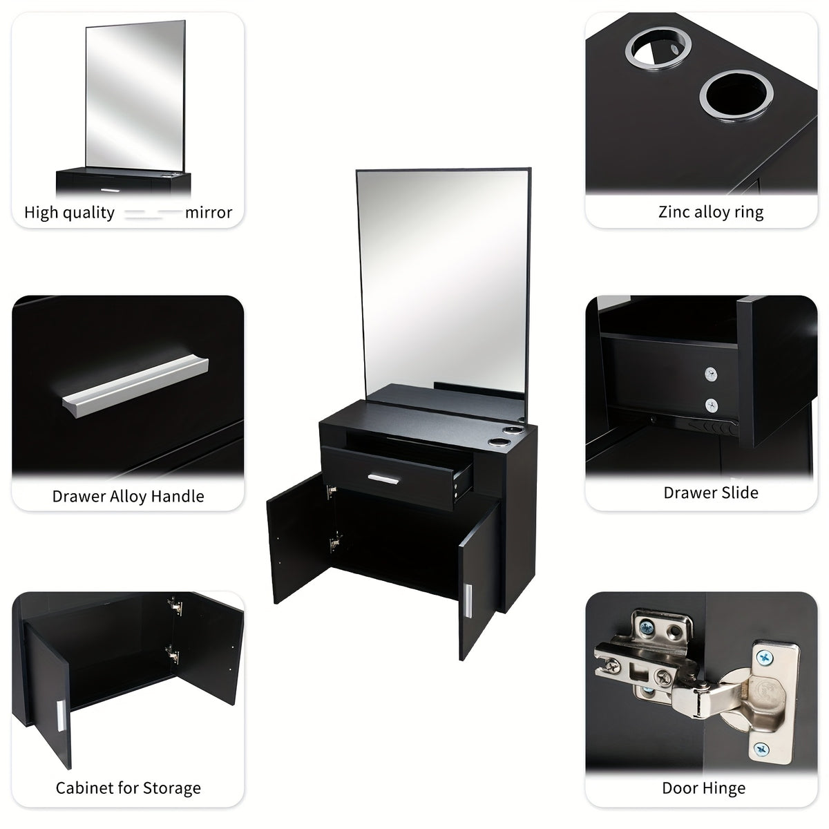 Wall-Mounted Salon Station for Hairdressing, Featuring a Mirror, One Drawer, One Storage Cabinet, And Two Hairdryer Holders, Suitable for Beauty Salons, Personal Studios, And Hair Salons - Black
