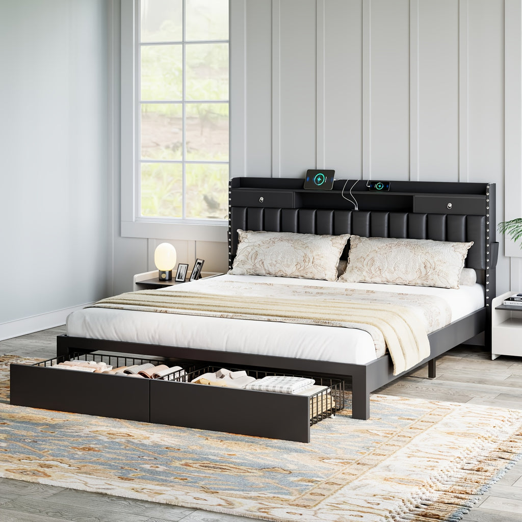 MRAEER Furniture Offers a Tri-Color Upholstered Bed Frame Available in Full, Queen, And King Sizes, Featuring Four Drawers And a Charging Station. Mattress Not Included, Operates Silently, And Does Not Require a Box Spring