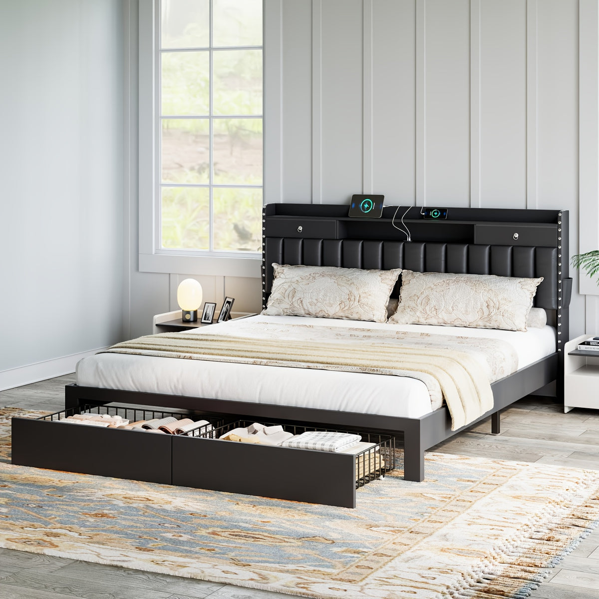MRAEER Furniture Offers a Tri-Color Upholstered Bed Frame Available in Full, Queen, And King Sizes, Featuring Four Drawers And a Charging Station. Mattress Not Included, Operates Silently, And Does Not Require a Box Spring