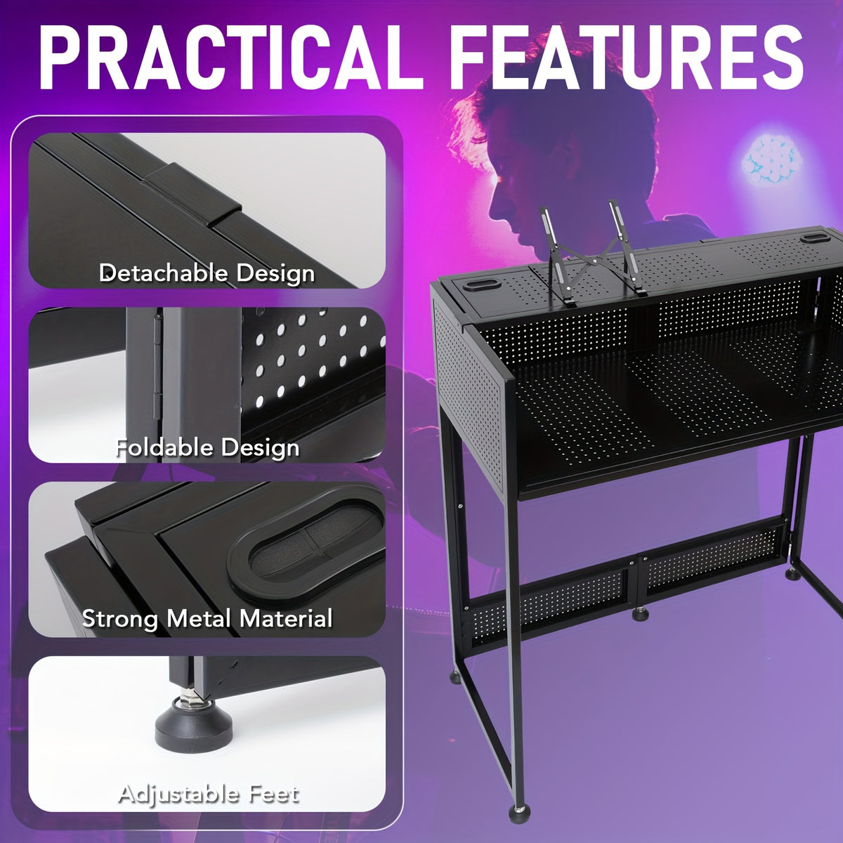 Portable DJ Booth with Heavy-Duty Metal Frame - Extra Large 20x40x45" Stage Booth, Dual DJ Tables, Laptop Holder & Cable Management System, Carry Bag - Lightweight DJ Facade Booth for Professional DJ Performances, Parties