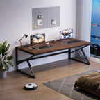 [Extra Long Computer Desk] 70 Inch Extra Long Computer Desk, Industrial Metal Wood Home Office Desk, Large PC Laptop Table For 2 Person Executive Writing Work Study Gaming, Bedroom Living Room Dual Monitor Desk, Dark Gray