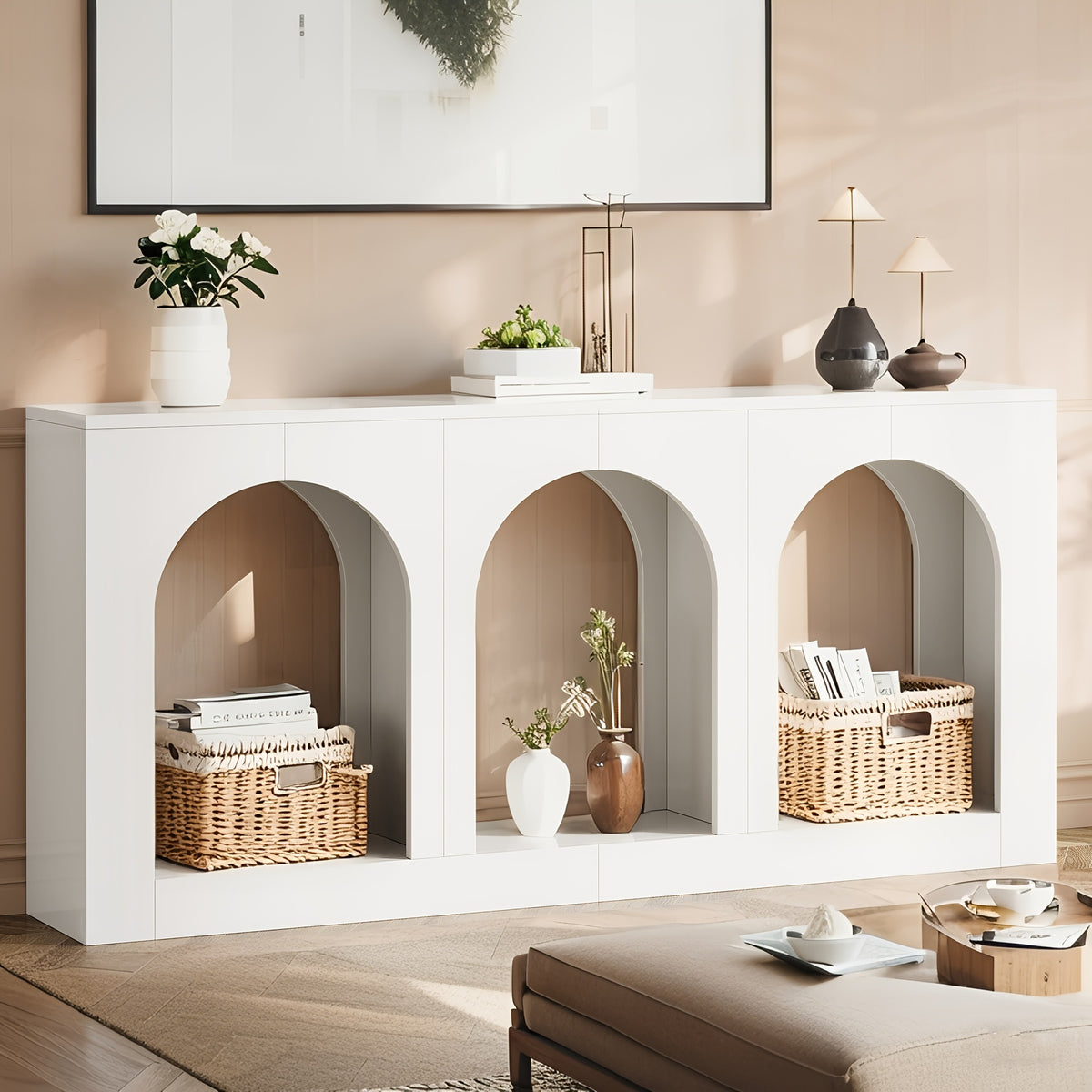 70.86" Console Table with Storage, Narrow Entryway Table with Arched Open Shelf, Farmhouse Sofa Table Behind Couch for Hallway, Living Room