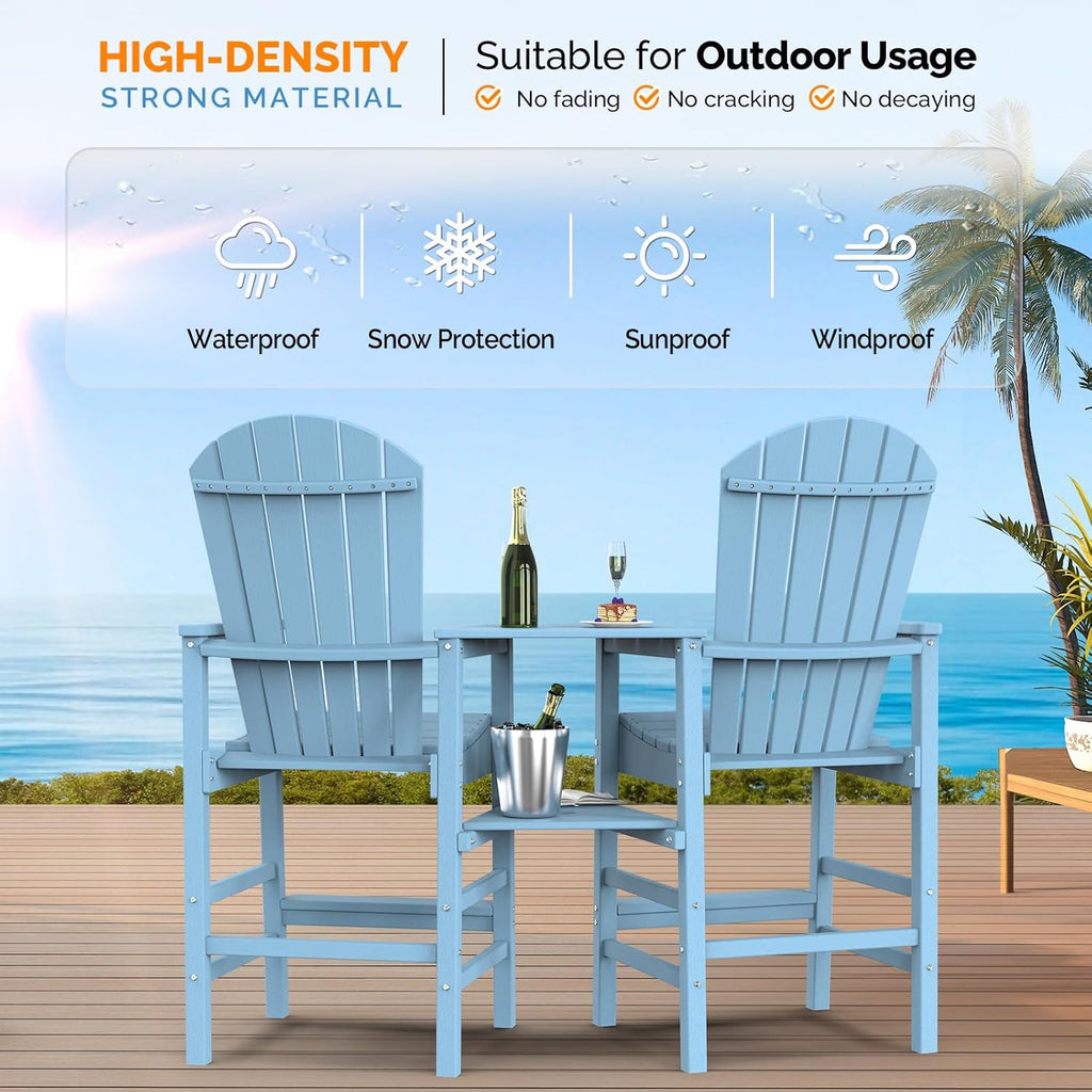 Tall Adirondack Chairs Set of 2 HDPE Balcony Chair with Double Connecting Tray Weather Resistant Outdoor Bar Stools for Patio Deck Lawn Pool Backyard Black