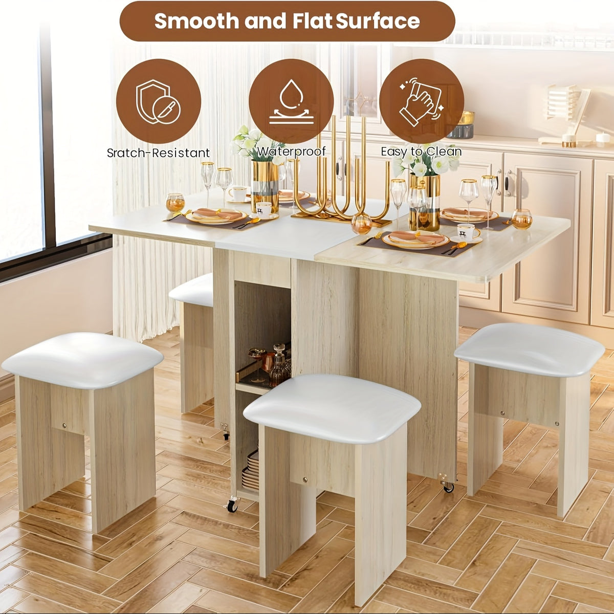 Folding Dining Table Set for 4, Kitchen Table with 4 Faux Leather Chairs And Shelves, Space Saving Wood Rectangle Foldable Kitchen & Dining Room Tables for Small Space with 6 Wheels
