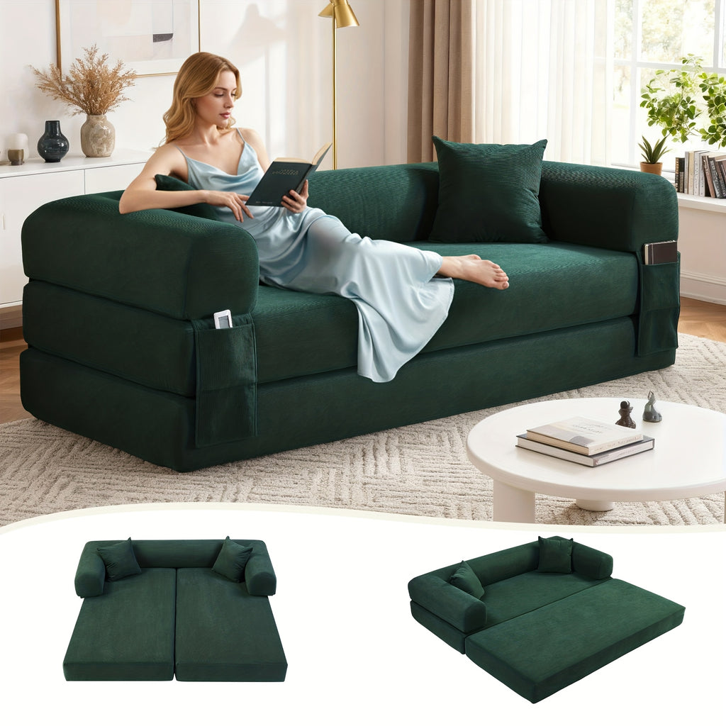 80" Convertible Sofa Bed, 3-in-1 Corduroy Folding Pull Out Couch with Pillows, No Assembly Modern Boneless Couch Compression Sofa In Box, Floor Sofa with Side Storage Pocket for Living Room