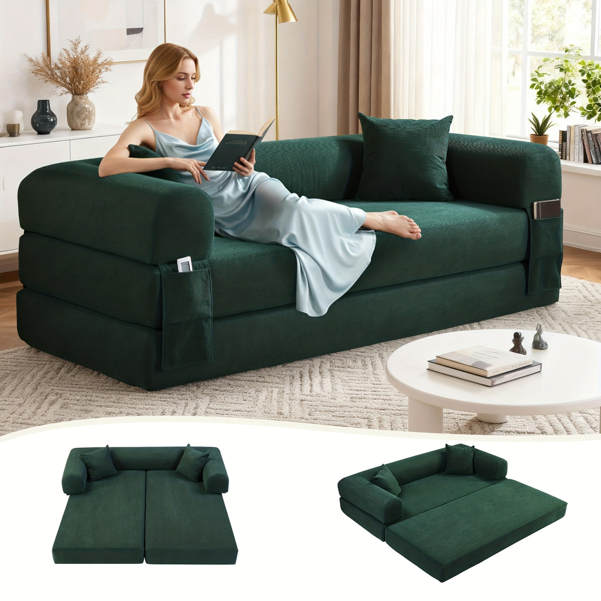 80" Convertible Sofa Bed, 3-in-1 Corduroy Folding Pull Out Couch with Pillows, No Assembly Modern Boneless Couch Compression Sofa In Box, Floor Sofa with Side Storage Pocket for Living Room