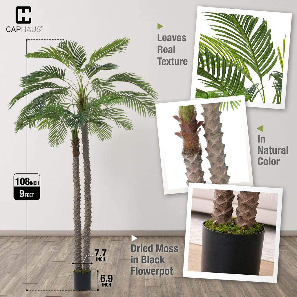CAPHAUS 10FT Artificial Phoenix Palm Tree, Double Stem Faux Palm with Black Pot, Realistic Fake Plant for Indoor Outdoor Home Office Patio Décor, Low Maintenance Large Artificial Palm Tree