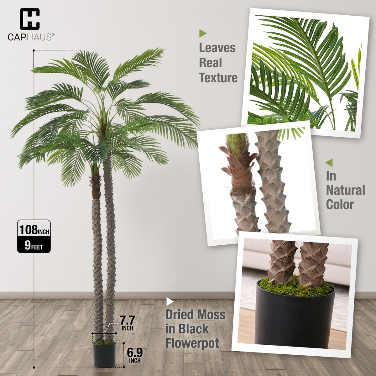 CAPHAUS 10FT Artificial Phoenix Palm Tree, Double Stem Faux Palm with Black Pot, Realistic Fake Plant for Indoor Outdoor Home Office Patio Décor, Low Maintenance Large Artificial Palm Tree