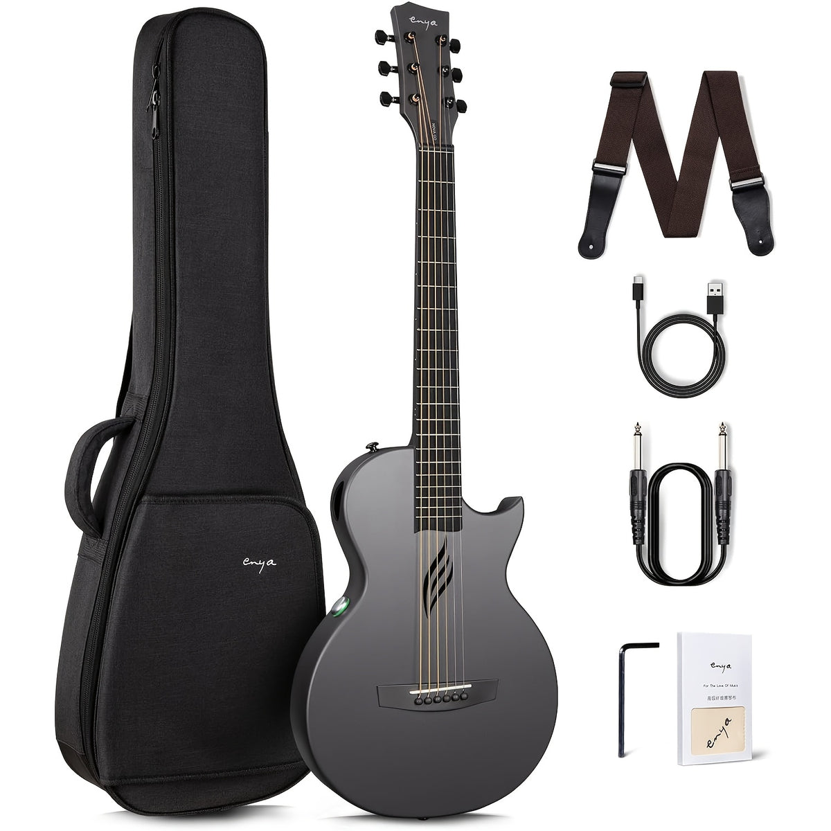 Enya NOVA Go SP1 Carbon Fiber Acoustic Electric Guitar with Smart Acousticplus 35 Inch Travel Acustica Guitarra Starter Bundle Kit of Gig Bag, Strap, Strings, Charging Cable, Instrument Cable Used-Like New