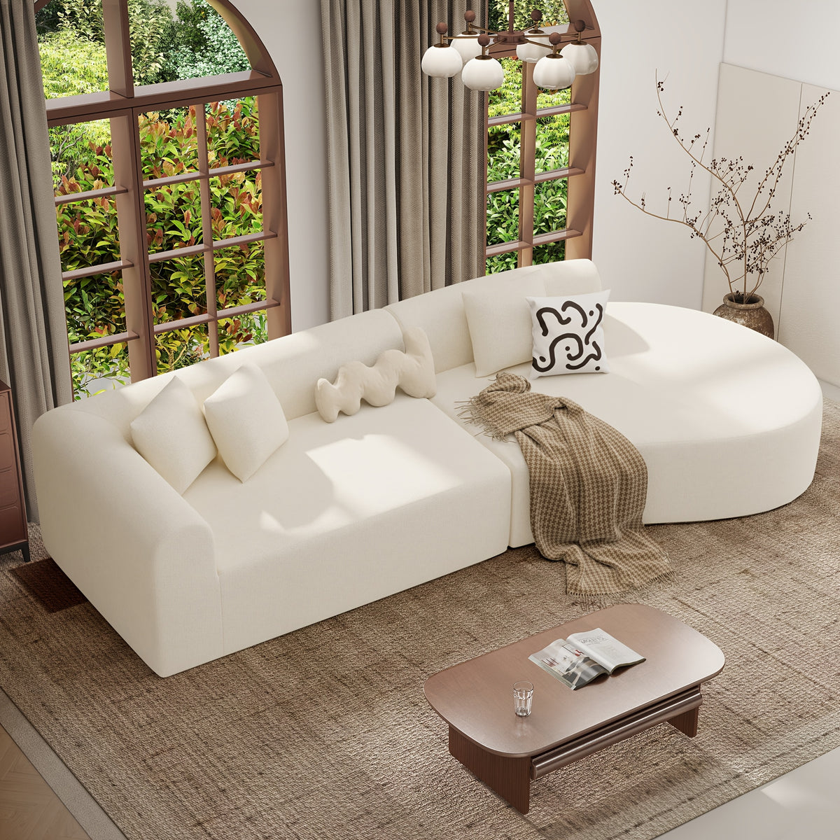 116" Curved Sofa with Throw Pillows, 4-Seater Luxury Chenille Fabric with Fully Assembled Long Lounge Sofa, Living Room Curved Sectional Sofa Chaise Lounge