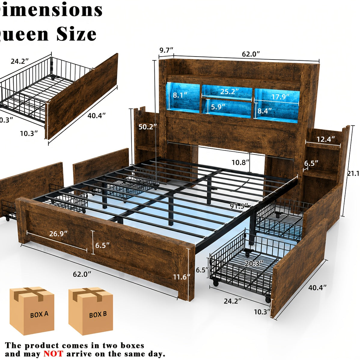 Farmhouse Wooden Bed Frame with 4 Storage Drawers, LED Bed Frame with 49" Tall Bookcase Headboard, Wood Platform Bed with Charging Station And 2 Slide Bedside Shelves