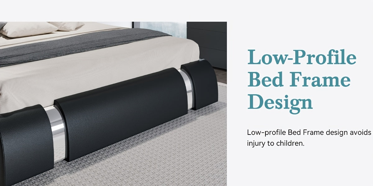 HOOMIC Contemporary Imitation Leather Bed Structure Featuring Metal Accents, Low-Set Platform Bed with Adjustable Headboard, Sturdy Wooden Slat Support, No Box Spring Required