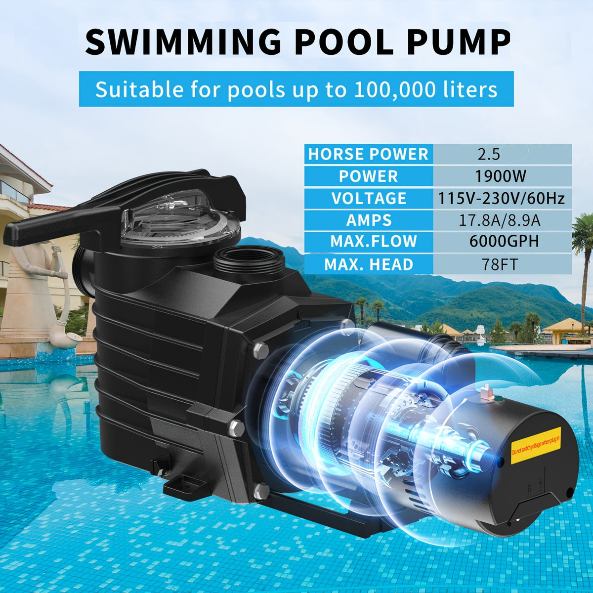 2.5HP Dual Voltage/Dual Speed Voltage Swimming Pool Pump, 6000GPH Flow, Self-Priming Water Pump for Swimming Pool Public Pool Water Amusement Park And Hot Tubs, with Filter Basket Transparent Lid Drain Plug, 115V Or 115V/230V