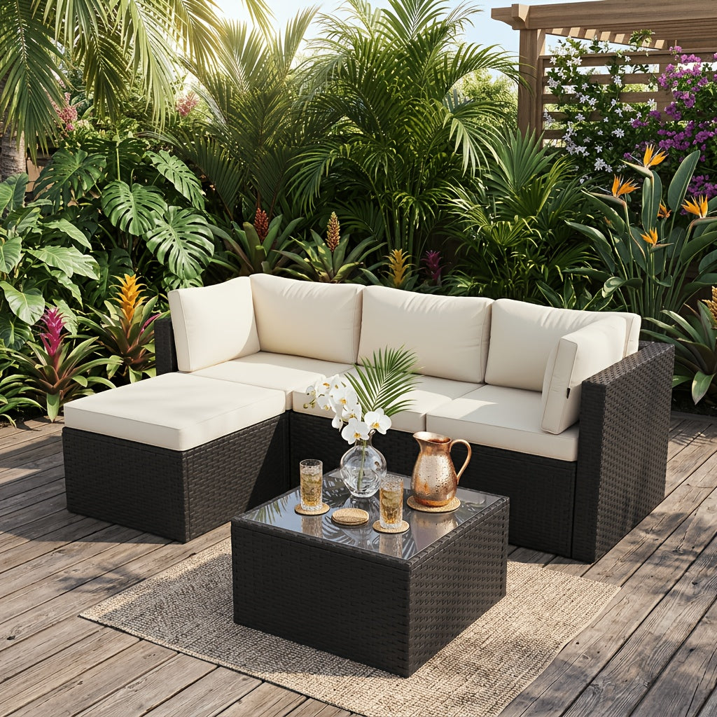 Discount! 5/6pcs L-Shaped Rattan Patio Sofa Set with Cushions, Glass Coffee Table & Ottoman, Perfect for Patio, Backyard, Garden, Balcony, Terrace, Poolside, Porch, Villa Outdoor Areas, Homestays, And Restaurant Outdoor Lounges