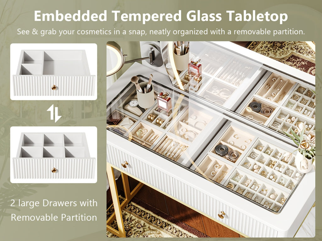 49.8"L Fluted Makeup Vanity Desk with Large 23.6"H Mirror And Lights, Modern Glass Top Big Vanity Table with 2 Drawers & Adjustable Shelves, Dressing Table with Charging Station for Bedroom