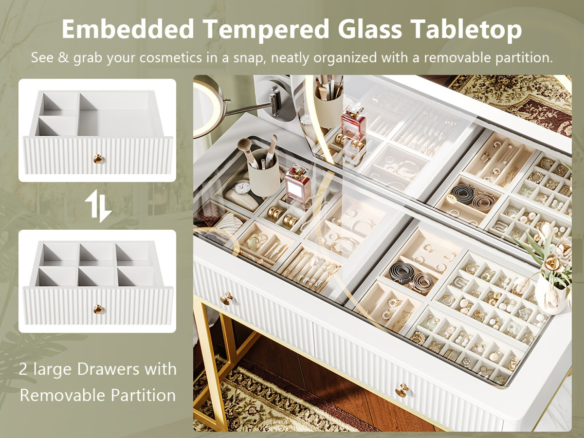 49.8"L Fluted Makeup Vanity Desk with Large 23.6"H Mirror And Lights, Modern Glass Top Big Vanity Table with 2 Drawers & Adjustable Shelves, Dressing Table with Charging Station for Bedroom