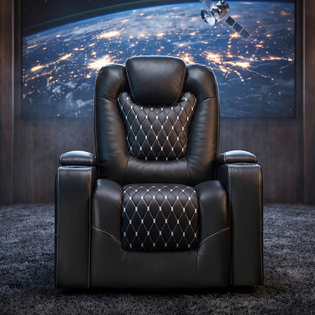 Power Recliner Chair with USB Ports And Cup Holders - Overstuffed Electric Home Theater Seating Faux Leather Reclining Furniture with Hidden Arm Storage, Easy to Clean (Black)
