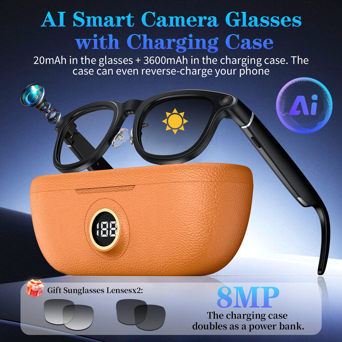 [Valentine's Day Gift] Smart Camera Glasses, 800MP Photochromic Lenses, 160+ Languages Real-time Translation, AI Voice Assistant, First-Ever Temple Battery Indicator, Charging Case with Battery Display, Anti-Shake Shooting, Emergency Charging